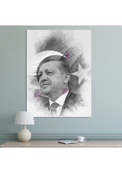 Recep Tayyip Erdoğan Başkan Erdoğan Karakalem Efektli Rte Kanvas Tablo (7 Farklı Ölçü)