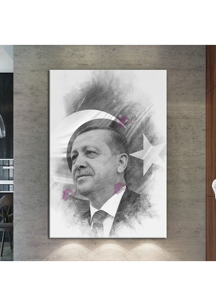 Recep Tayyip Erdoğan Başkan Erdoğan Karakalem Efektli Rte Kanvas Tablo (7 Farklı Ölçü)