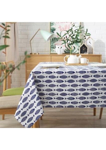 Mavi Balık Desen Kalınlaşmış Keten Pamuk Masa Örtüsü Moda Kapak Kahve Yemeği Masa Örtüsü Düğün Ziyafet Için | Masa Örtüleri (Yurt Dışından)