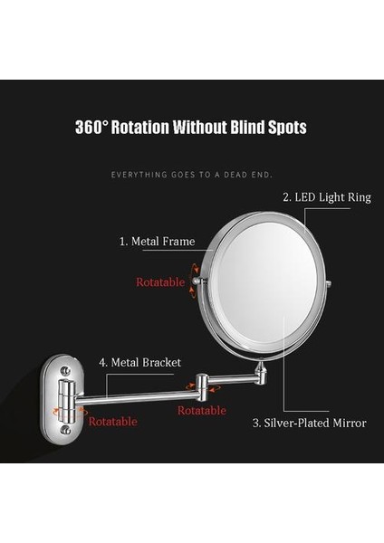 Banyo Makyaj Aynası LED Katlanır Duvara Monte Banyo 8 Inç Ayna Büyüteç Çift Taraflı Dokunmatik Parlak Ayarlanabilir | Banyo Aynaları (Yurt Dışından)