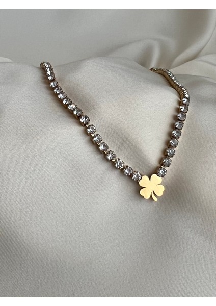 Minimalist Taşlı Çelik Kolye Yonca Gold Renk