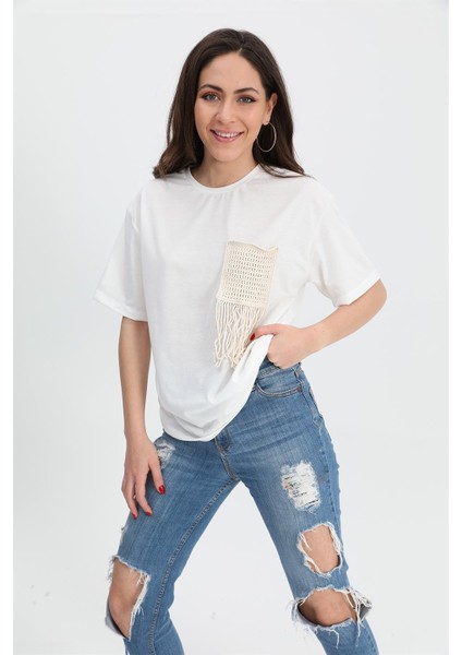 T-Shirt Bisiklet Yaka Cep Detaylı - Ekru fiyatları