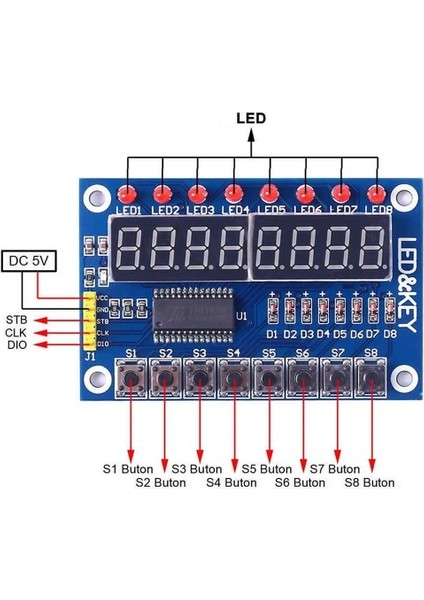 Roba TM1638 Modül 8 Hane 7 Segment Ekran 8x Kırmızı LED 8x Kullanıcı Butonu Dijital Display Gösterge