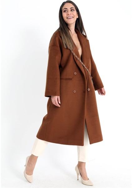 Kruvaze Yaka Uzun Kaşe Kaban - Taba