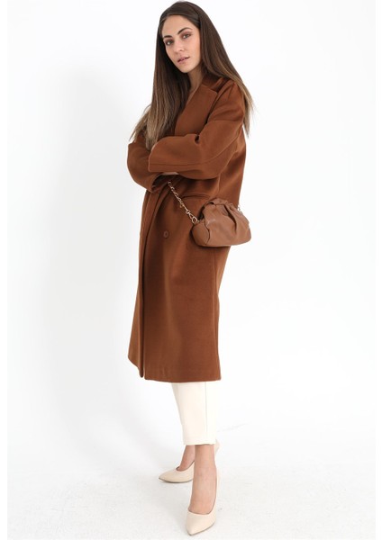 Kruvaze Yaka Uzun Kaşe Kaban - Taba fırsatları