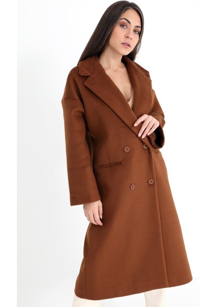 Kruvaze Yaka Uzun Kaşe Kaban - Taba indirimleri