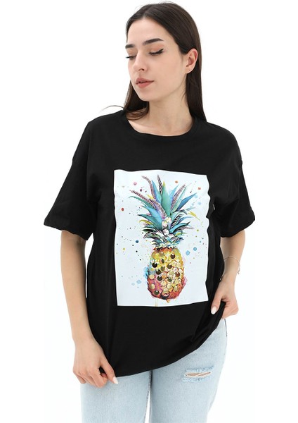 Bisiklet Yaka Ananas Baskılı Süprem T-Shirt - Siyah fiyatları