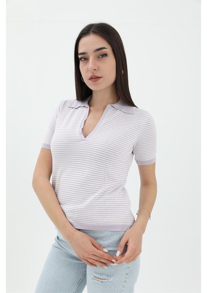 Ince Çizgili Polo Yaka Triko Kazak - Lila fiyatları