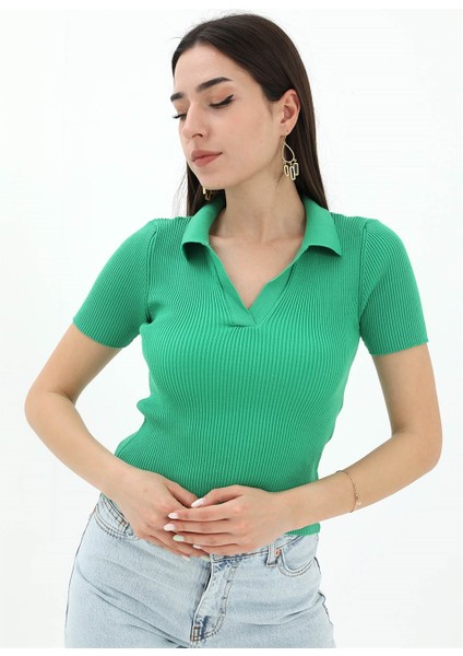 Polo Yakalı Kısa Kol Triko Kazak - Yeşil