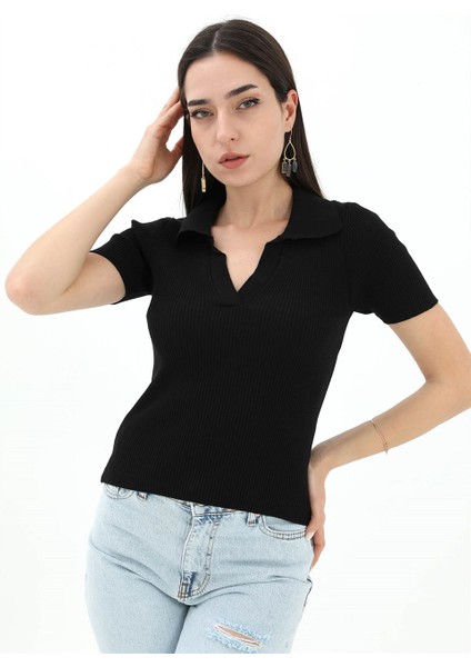 Polo Yakalı Kısa Kol Triko Kazak - Siyah