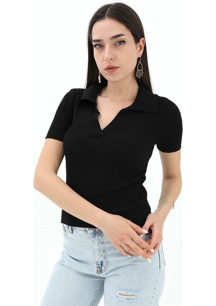 Polo Yakalı Kısa Kol Triko Kazak - Siyah fiyatları