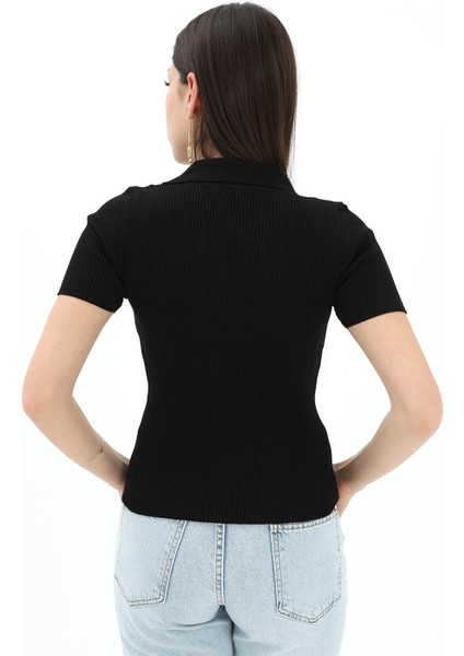 Polo Yakalı Kısa Kol Triko Kazak - Siyah modelleri