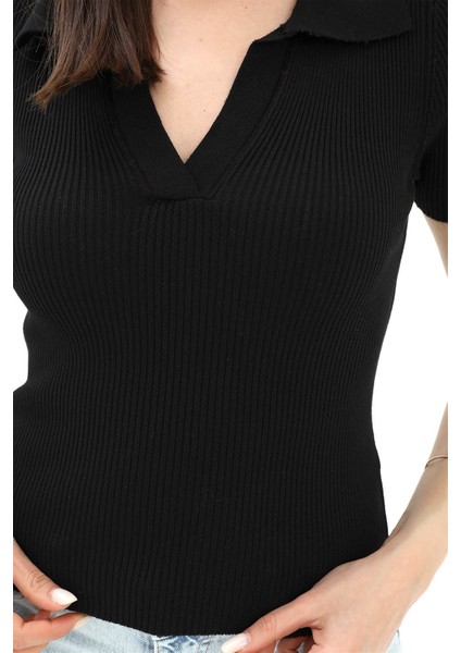 Polo Yakalı Kısa Kol Triko Kazak - Siyah fırsatları