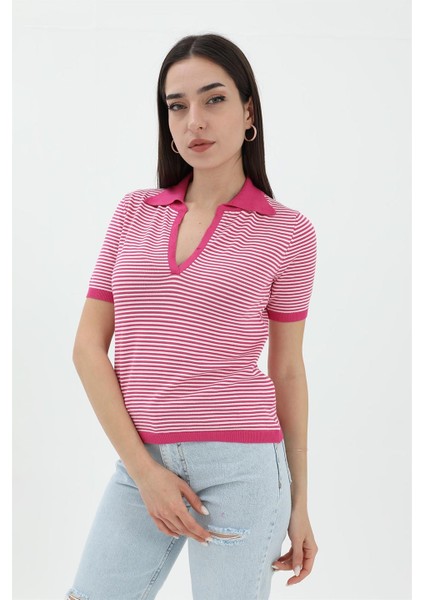 Ince Çizgili Polo Yaka Triko Kazak - Fuşya fiyatları