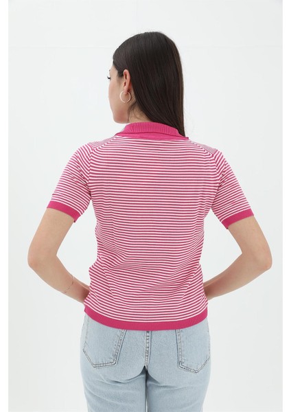 Ince Çizgili Polo Yaka Triko Kazak - Fuşya modelleri