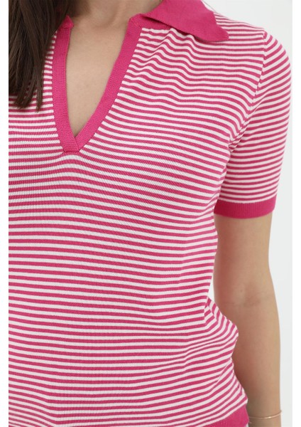 Ince Çizgili Polo Yaka Triko Kazak - Fuşya fırsatları