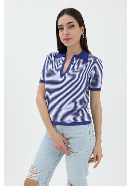 Ince Çizgili Polo Yaka Triko Kazak - Saksmavisi fiyatları