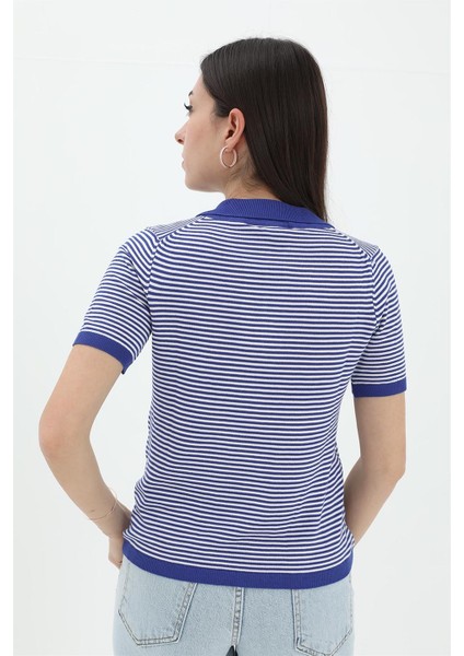 Ince Çizgili Polo Yaka Triko Kazak - Saksmavisi modelleri