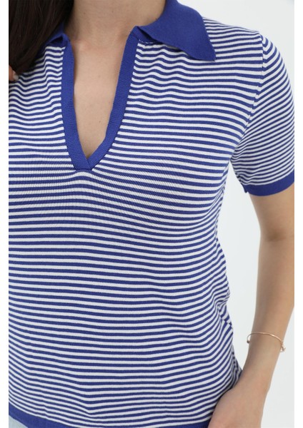 Ince Çizgili Polo Yaka Triko Kazak - Saksmavisi fırsatları