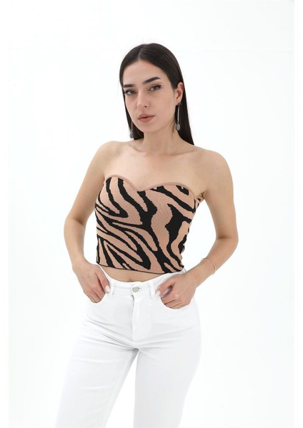 Zebra Desen Triko Crop - Camel