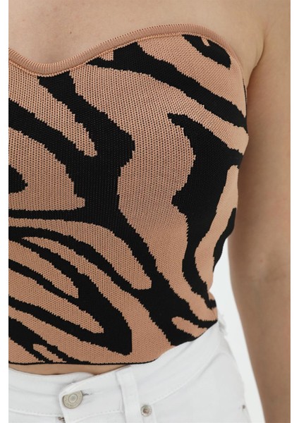 Zebra Desen Triko Crop - Camel