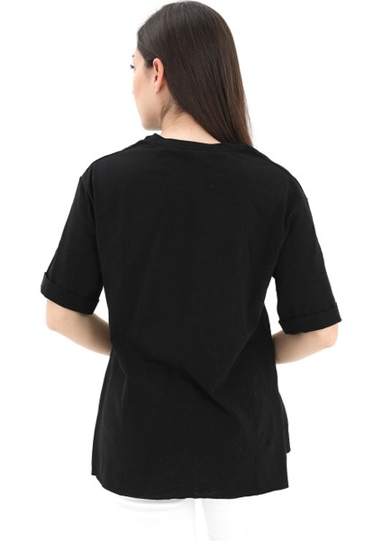 Bisiklet Yaka Yüz Basklı T-Shirt - Siyah modelleri