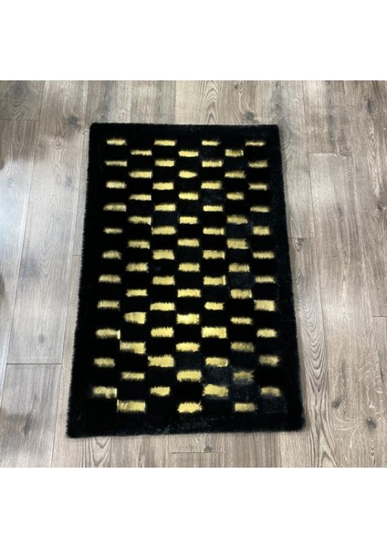 Siyah ve Gold Renk Parçalı Peluş Halı 140 x 200 cm