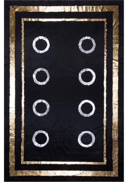 Geometrik Gold Varaklı Siyah Peluş Halı 80 x 150 cm