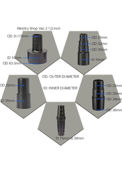 Evrensel Vakum Hortumu Adaptör Kiti 1 1/2 Inç Ila 1 1/4 Inç 1 3/8 Inç Ila 1 1/4 Inç Toz Hortumu Bağlantı Noktası Adaptörü (Yurt Dışından)