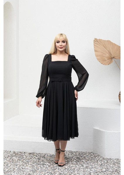 Kare Yaka Büyük Beden Siyah Abiye Elbise