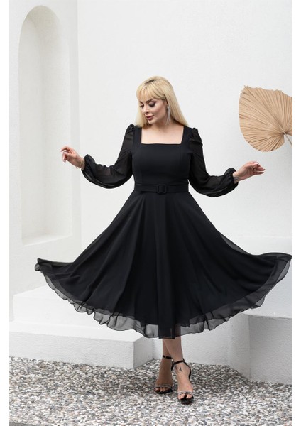 Kare Yaka Büyük Beden Siyah Abiye Elbise