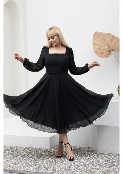 Kare Yaka Büyük Beden Siyah Abiye Elbise