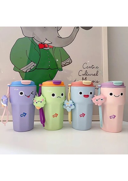 Karikatür Çift Paslanmaz Çelik Kahve Kupası Wtıh Ip Taşınabilir Termos Kupa Sevimli Vakum Şişesi Seyahat Tumbler (Yurt Dışından)