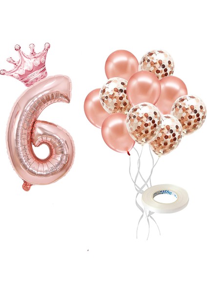 Rakam Rose Gold Folyo Balon, Kral Tacı ve Konfetili Rose Gold Balon