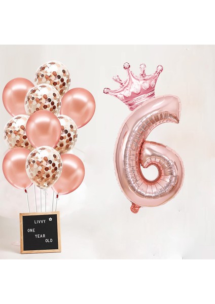 Rakam Rose Gold Folyo Balon, Kral Tacı ve Konfetili Rose Gold Balon
