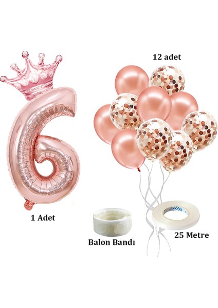 Rakam Rose Gold Folyo Balon, Kral Tacı ve Konfetili Rose Gold Balon