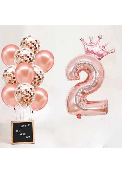 Rakam Rose Gold Folyo Balon, Kral Tacı ve Konfetili Rose Gold Balon
