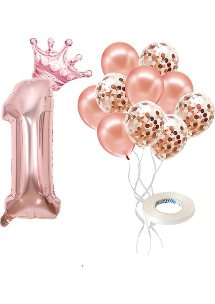 Rakam Rose Gold Folyo Balon, Kral Tacı ve Konfetili Rose Gold Balon