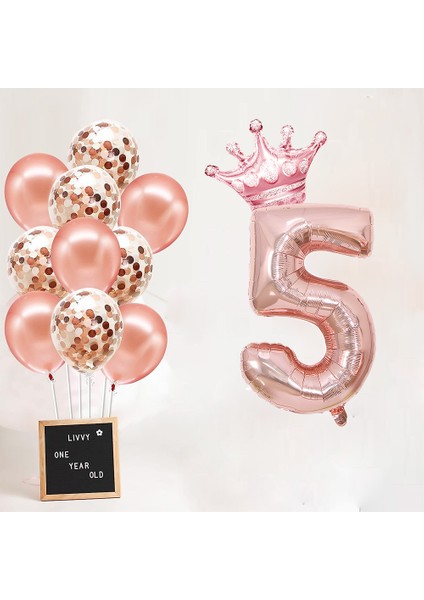Rakam Rose Gold Folyo Balon, Kral Tacı ve Konfetili Rose Gold Balon
