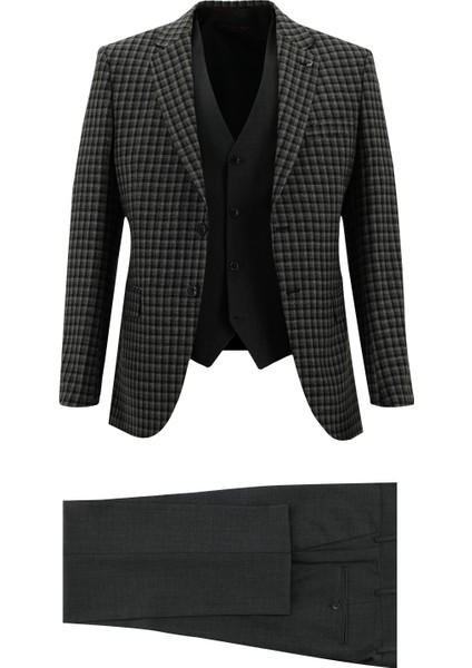 Slim Fit Kombinli Yelekli Yün Takım Elbise