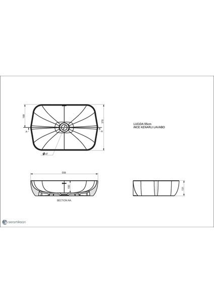 Lucida Tezgahüstü (Delikli) Lavabo Mat Antrasit 55 cm