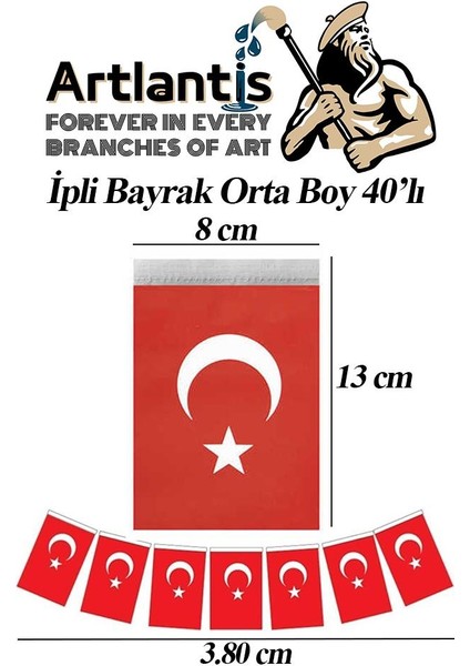 Ipli Bayrak Orta Boy 40'lı 8X13CM 1 Paket Türk Bayrağı Kağıt Ipli Sıralı Ayyıldız Bayrak Sınıf Süsü Okul Bayram