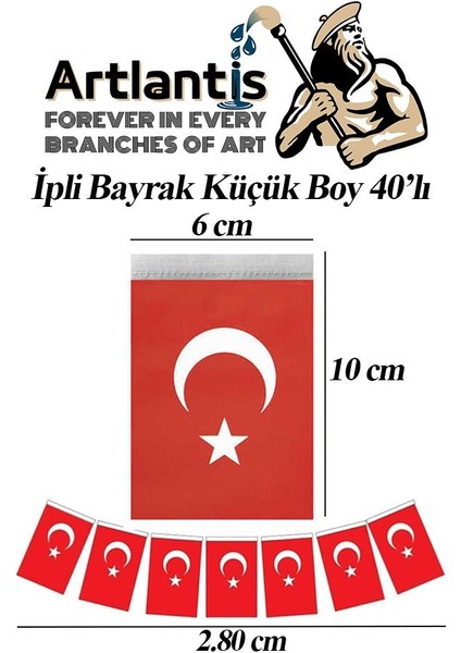 Ipli Bayrak Küçük Boy 40'lı 6X10CM 1 Paket Türk Bayrağı Kağıt Ipli Sıralı Ayyıldız Bayrak Sınıf Süsü Okul Bayram