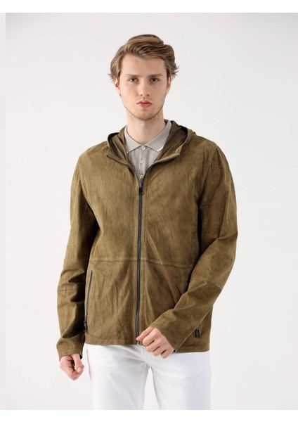 Haki Erkek Regular Fit Düz Kapüşonlu Mont
