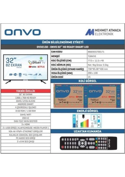 Ov32150 32'' 82 Ekran Uydu Alıcılı Hd Android Smart Led Tv