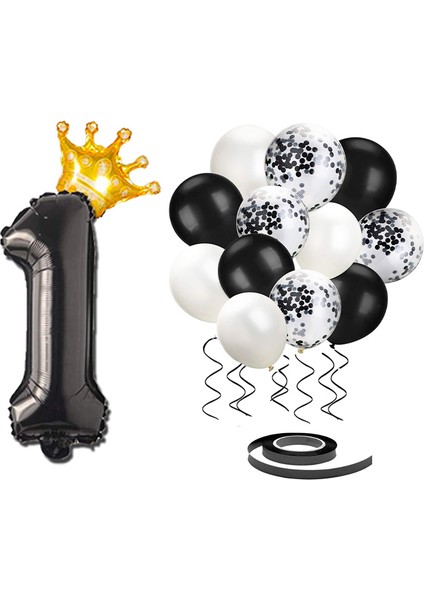 Rakam Siyah Folyo Balon, Kral Tacı ve Konfetili Siyah Balon Seti