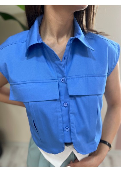 Premium Cep Detaylı Mavi Crop Gömlek