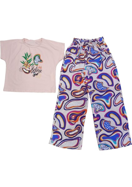 Kız Çocuk Belive Yazı Desenli Crop Tişört Bol Paça Pantolon Takımı Oversize Pudra