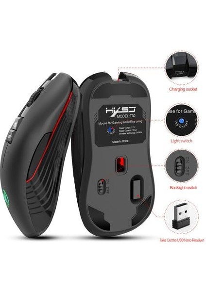Siyah Kablosuz Fare Düğmesi 3600 Dpı Şarj Edilebilir Dilsiz Fare Tip C Adaptörü MacBook Laptop Gamer Gaming Için USB Alıcısı (Yurt Dışından)