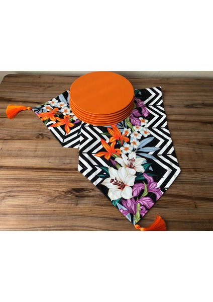 Zigzag Desen Üzerine Lilyum Çiçek Desenli Runner & Turuncu Supla